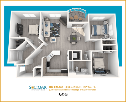 Floor plan for 3 beds, 2 baths, 1259 sqft